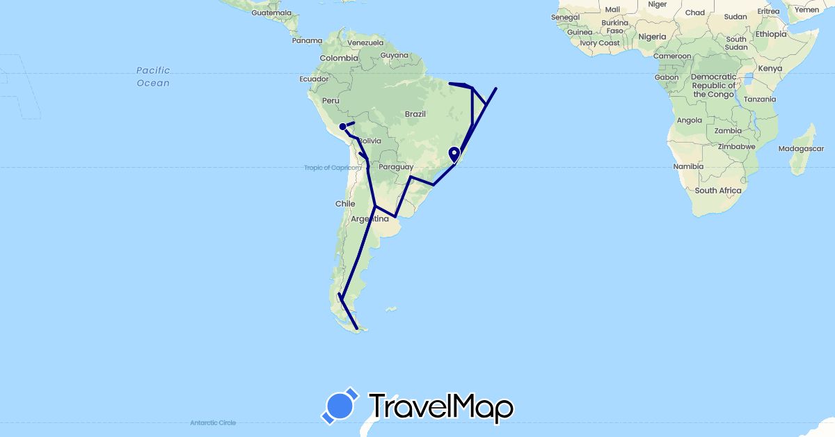 TravelMap itinerary: driving in Argentina, Bolivia, Brazil, Peru (South America)